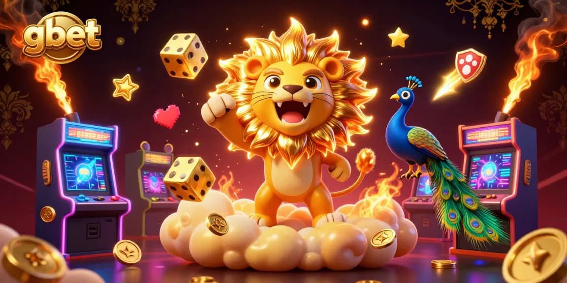 Experience thrilling gaming at gbet with a vibrant 3D illustration featuring a roaring lion and dynamic casino elements.
