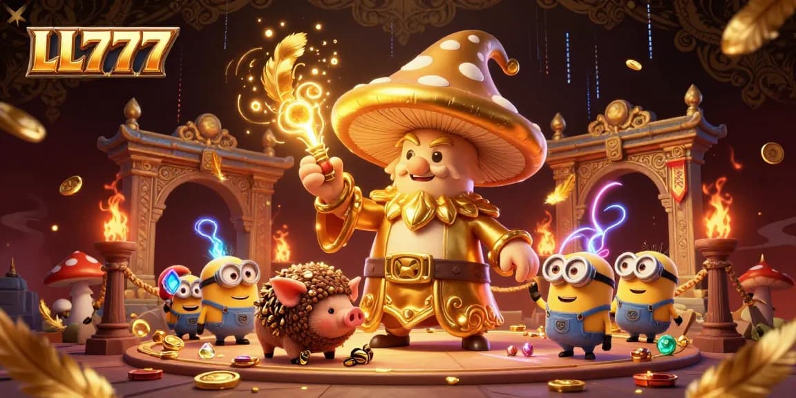 Experience the magic with LL777 as the golden mushroom wizard and creatures search for treasure in this vibrant online casino scene.