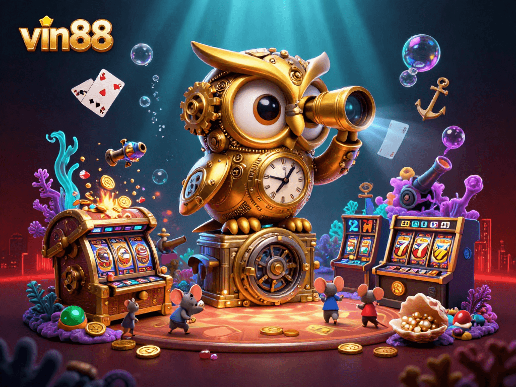 Spin the reels with vin88 in this 3D casino scene filled with vibrant characters and treasures.