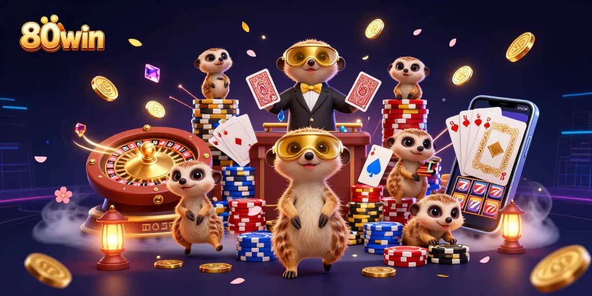 Experience thrilling gameplay at 80win with meerkats in a vibrant casino scene.