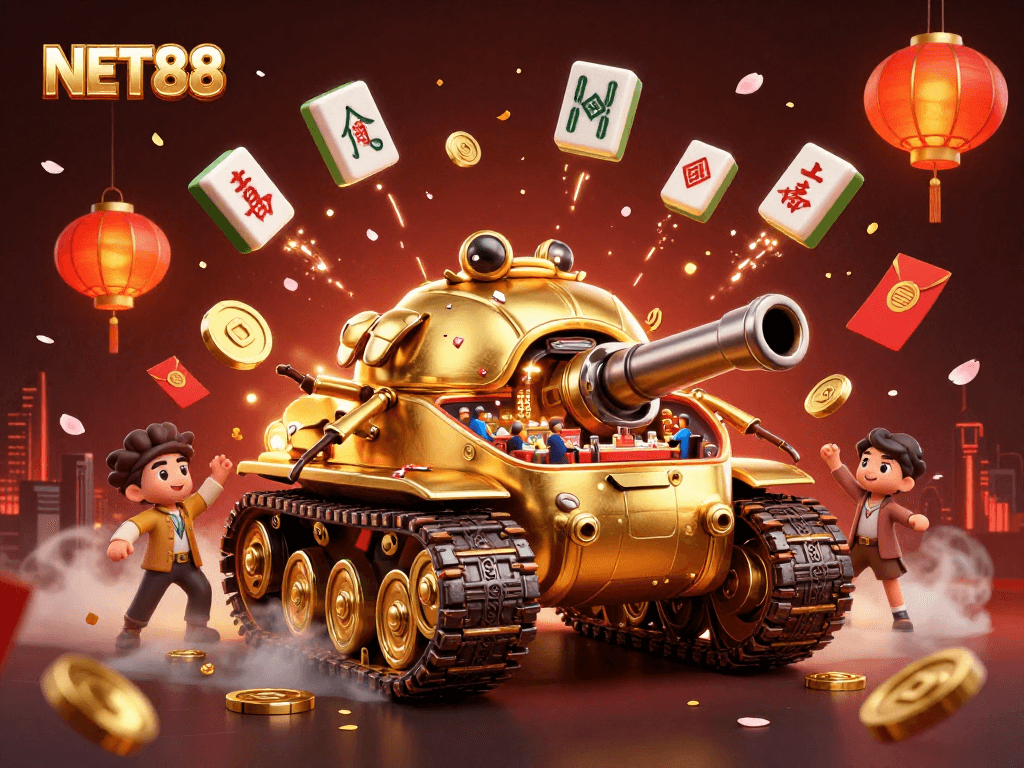 Engage with NET88's vibrant casino world featuring a golden beetle tank and game elements.