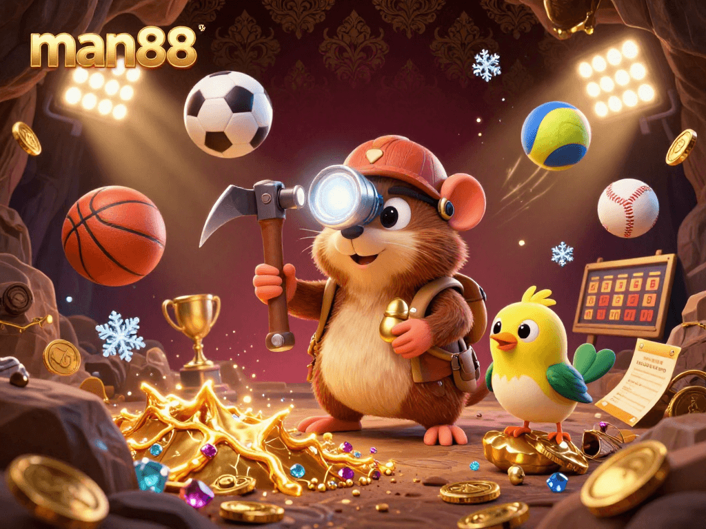 Experience thrilling sports betting action with man88 in a vibrant 3D casino illustration featuring a treasure hunter mole.
