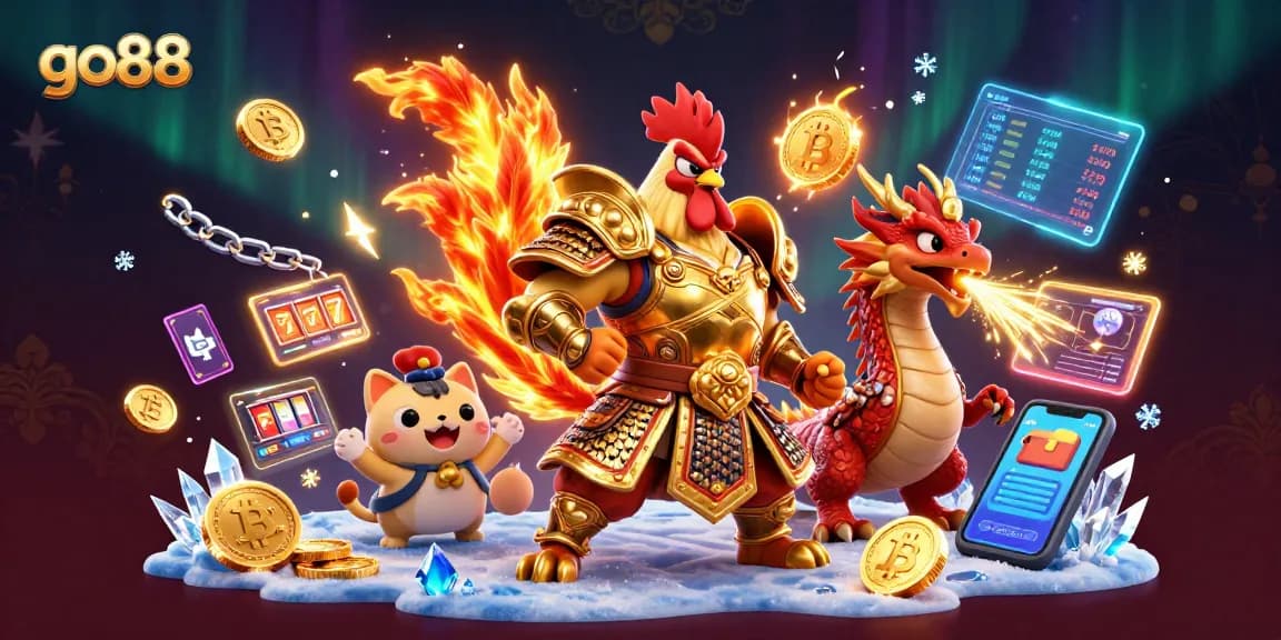 Experience go88's vibrant casino action with a fighting rooster warrior and dragon in a rich 3D illustration.