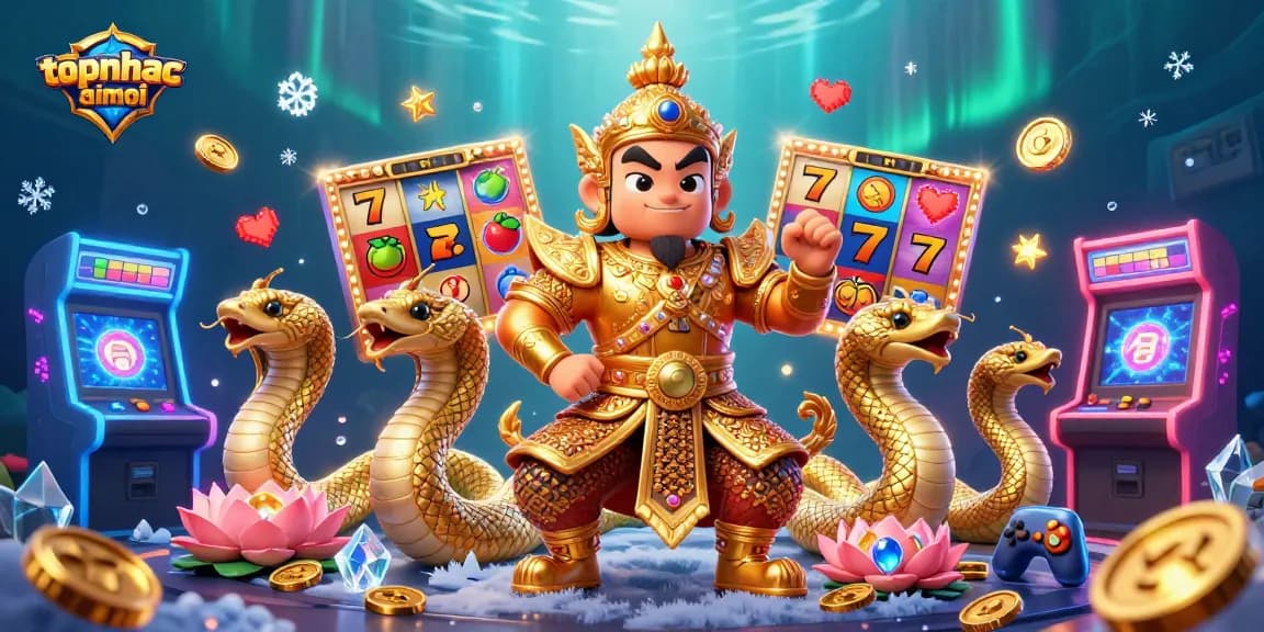 Engage with topnhacaimoi's exciting slots scene packed with 3D characters, vibrant reels, and jackpot elements.