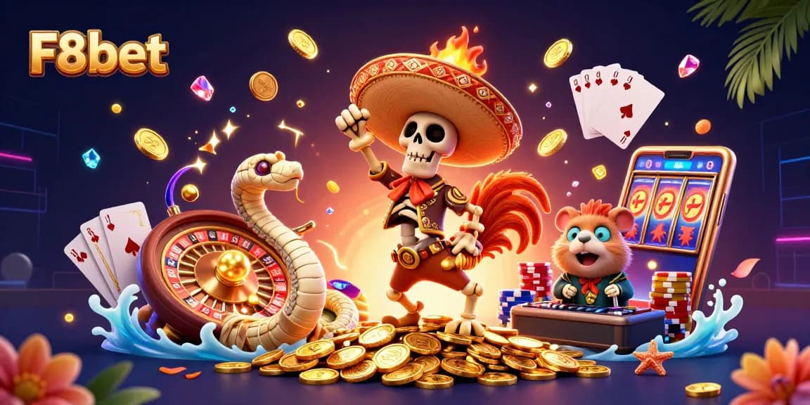 Experience F8bet excitement with a dynamic casino scene featuring vivid characters and winning elements.