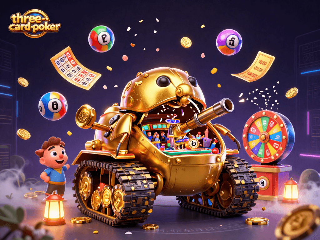 Engage in thrilling three-card-poker action with a dynamic 3D cartoon illustration.