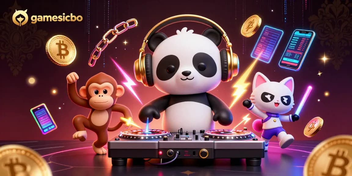 Experience the excitement of gamesicbo with vibrant characters and dynamic crypto elements in this rich illustration.