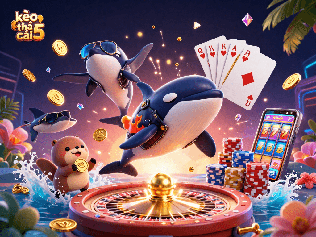 Engage with kèo nhà cái 5 through vibrant 3D cartoon scene featuring characters and casino elements.