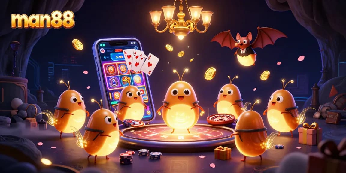Man88 showcases a lively cave casino scene with glowing characters lighting the action of a colorful slot game.