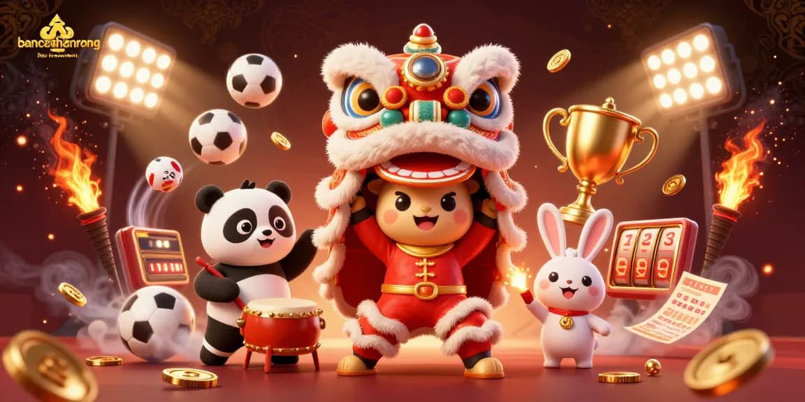 bancathanrong showcases a vibrant scene of a lion dance and sports betting elements in dynamic action.