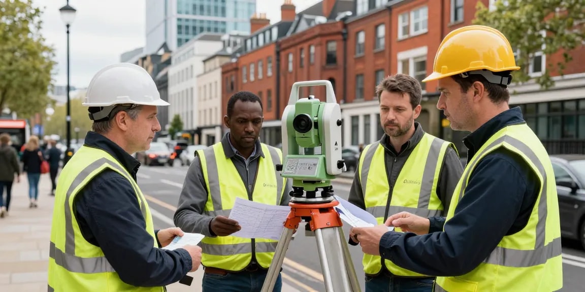 Topographical surveys London & Surrey conducted by expert surveyors using advanced equipment in an urban setting.