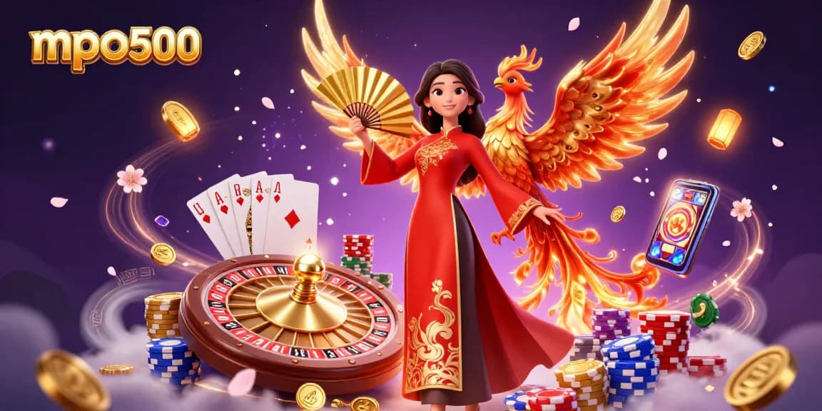 Experience excitement at mpo500 with a vibrant 3D casino scene filled with golden coins and dynamic game elements.
