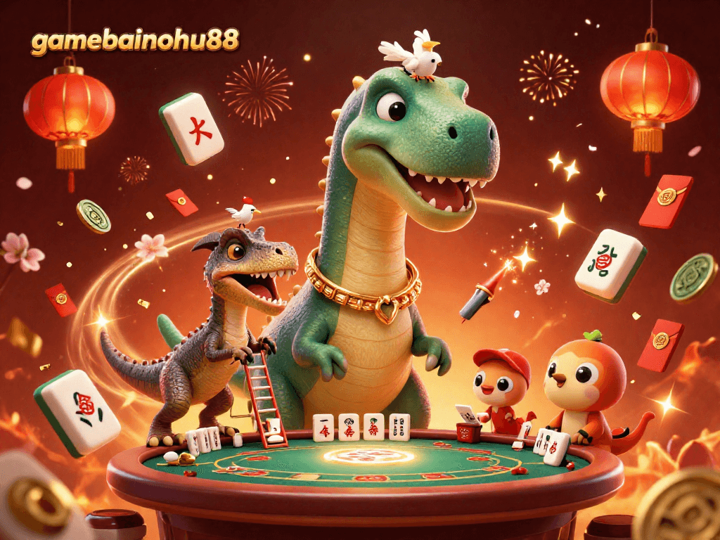 Engage in thrilling gameplay at gamebainohu88 with a gigantic brontosaurus and clever raptor in a dynamic casino scene.