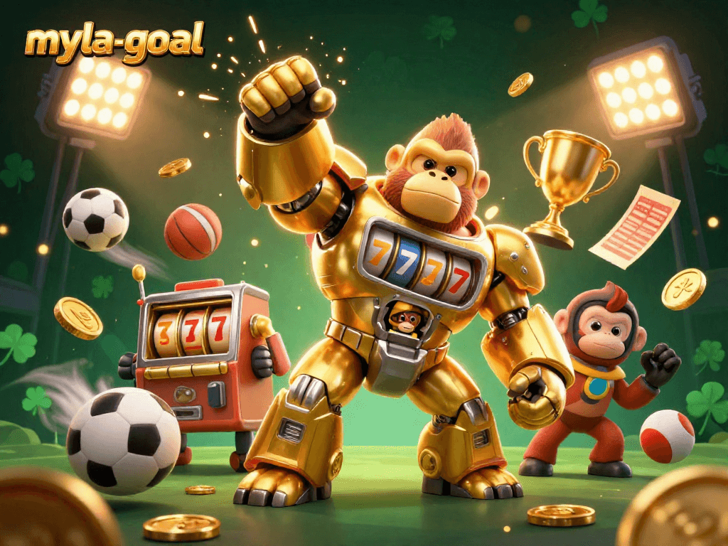 Experience the thrill of myla-goal with a golden gorilla mech and dynamic sports elements!
