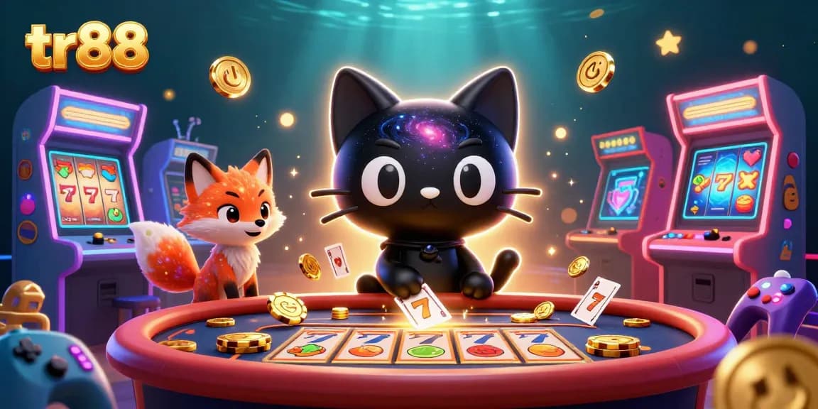 Experience thrilling action at tr88 with a cosmic cat and vibrant gaming elements in a dynamic casino scene.