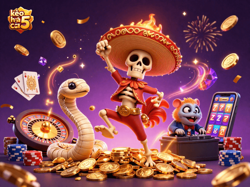 Engage with exciting kèo nhà cái 5 scene featuring a dancing skeleton mariachi rooster amidst vibrant casino elements.