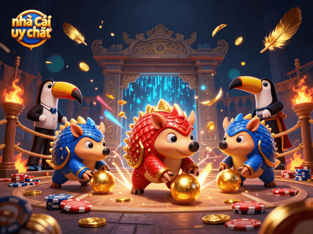 Engage in thrilling games at nhà cái uy tín with rival pangolins competing in a vibrant casino scene.