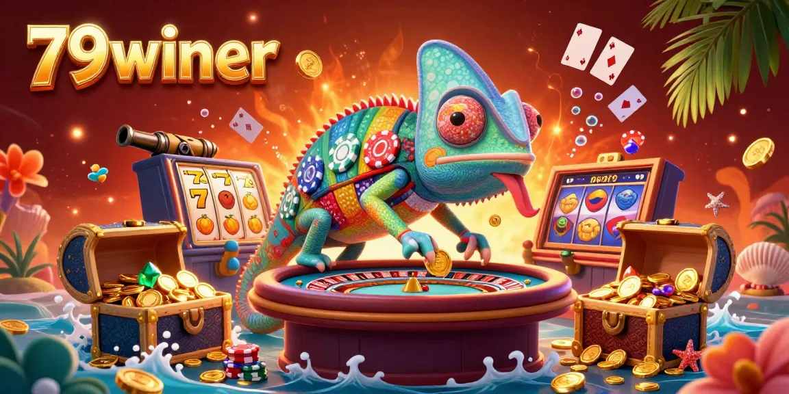 Engage in thrilling games at 79winer with vibrant chameleon-themed casino illustration.