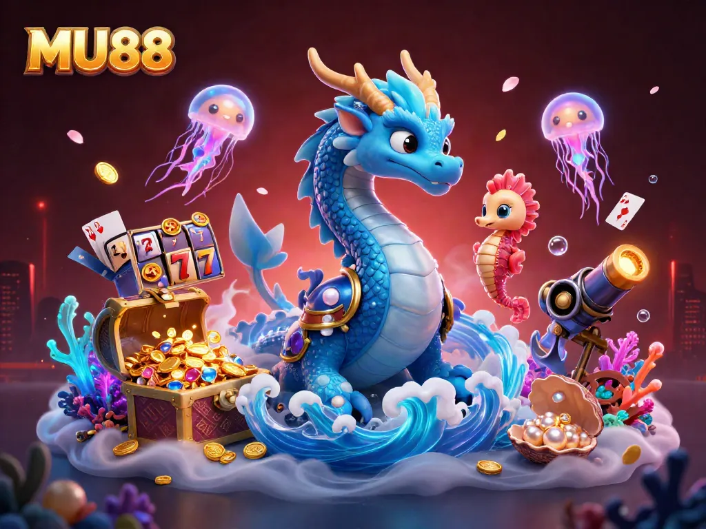 Experience the thrill of MU88 with a vibrant underwater casino scene featuring dynamic games.