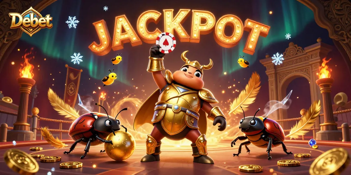Debet showcases a golden beetle lifting a poker chip amid a dazzling jackpot celebration.
