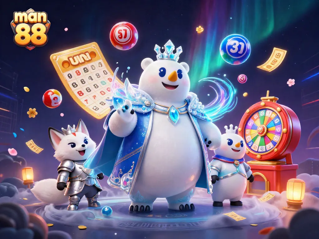 Engage in thrilling gaming experiences with man 88, featuring a polar bear king and snow fox in a vibrant casino scene.
