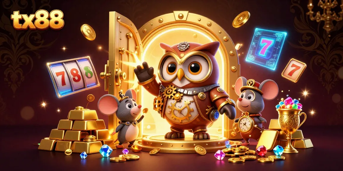 Spin the reels with tx88 in a vibrant casino scene full of gold, jewels, and steampunk charm.