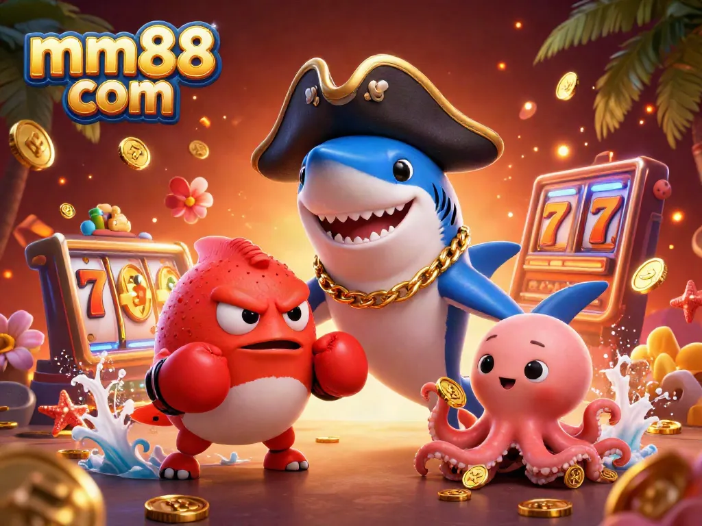 Play and win at mm88 com with cool 3D casino characters surrounding vibrant slot elements and gold coins.