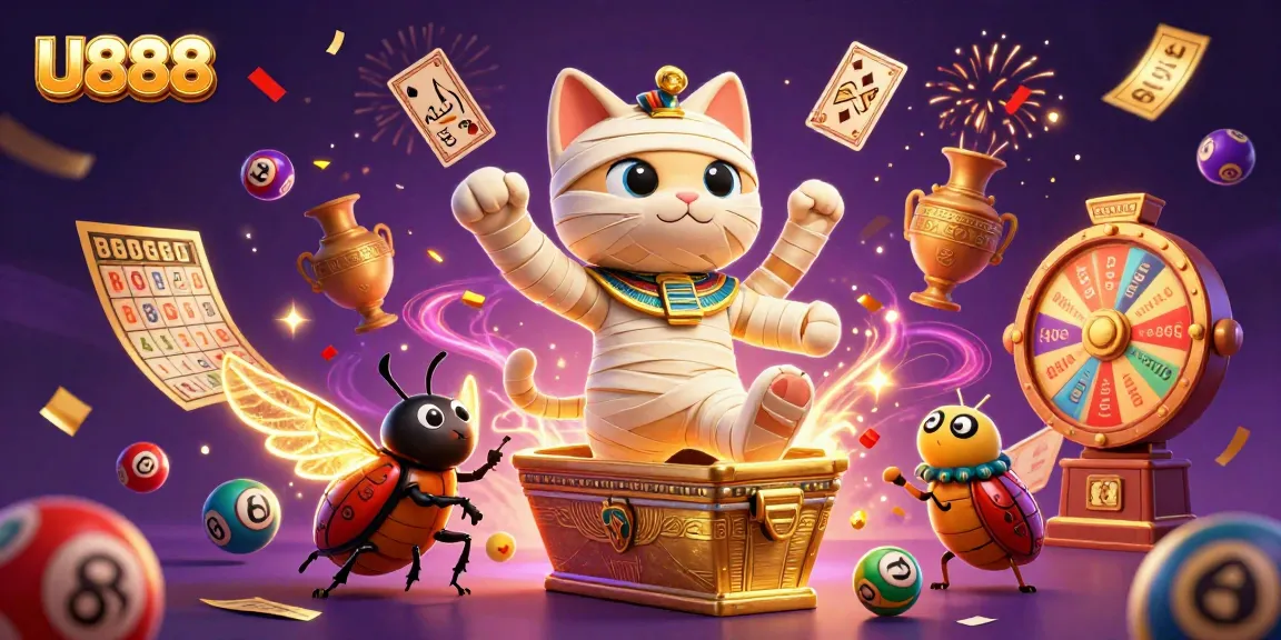U888 offers an exciting online casino experience featuring a dynamic Egyptian mummy cat bursting from a sarcophagus.