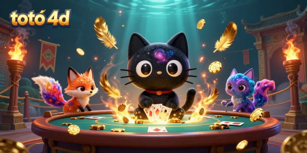 Engage in toto 4d with a cosmic-themed illustration of a black hole cat and nebula fox at a casino table.