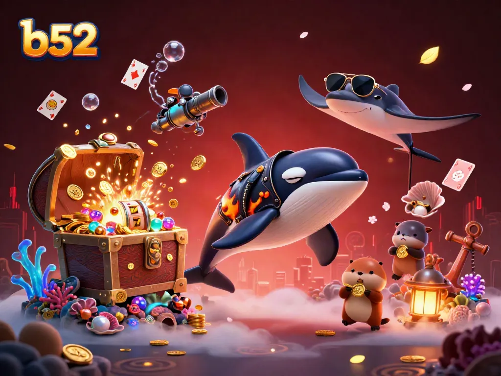 Engage in thrilling b52 gaming with an orca, stingray, and otters in an exciting underwater scene.