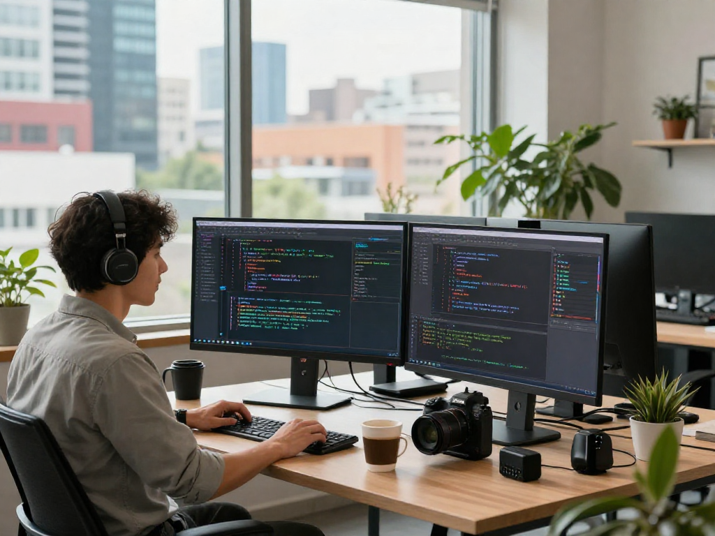 Developer engaging with dual monitors in a vibrant tech workspace at https://net88.se.net, showcasing a modern coding environment.