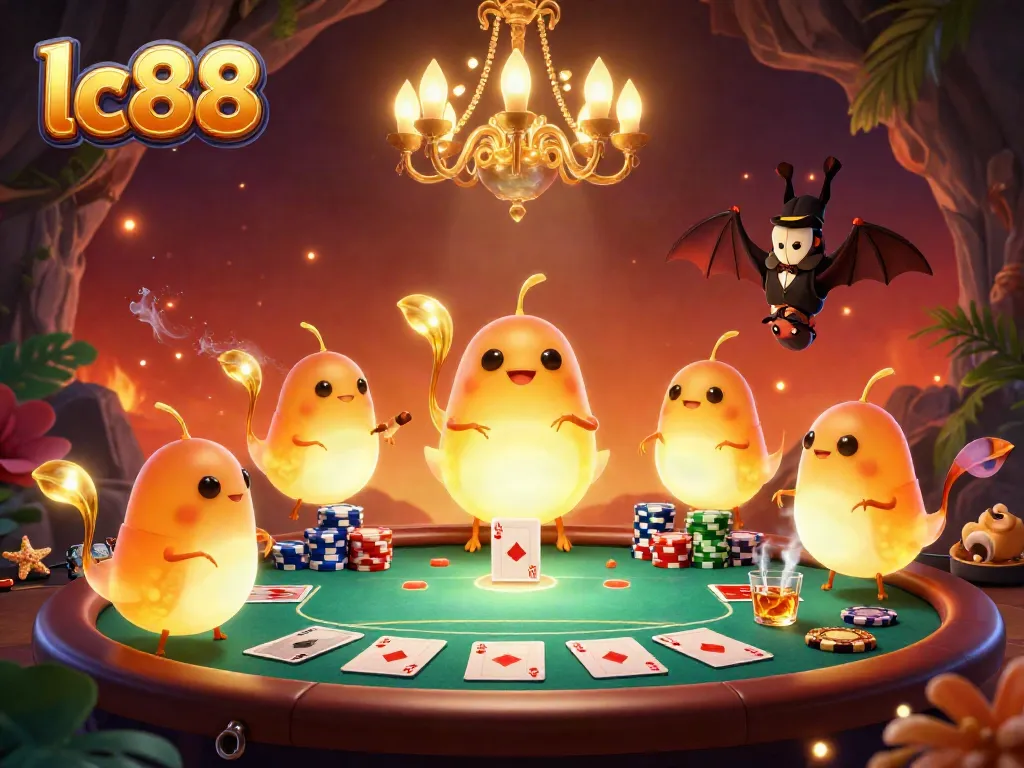 Engage in thrilling gameplay at lc88 with a vibrant 3D casino scene featuring glowworms and a bat dealer.