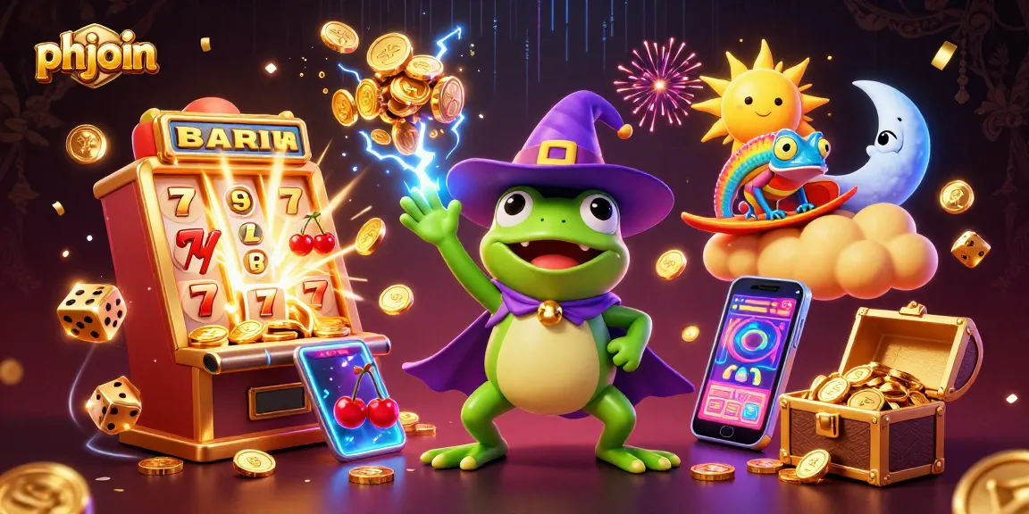 Win big with phjoin as a wizard frog creates a golden coin storm amidst a vibrant casino adventure.