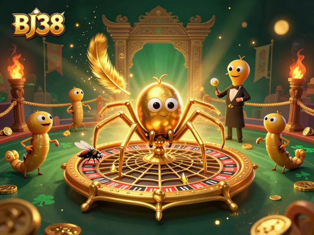 Bet on BJ38 with a lively scene featuring a spider, fly, and centipede engaging in a casino adventure.
