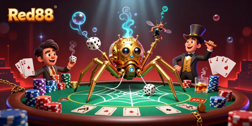 Win big with Red88, as a golden spider weaves luck and dice in this vibrant casino scene.