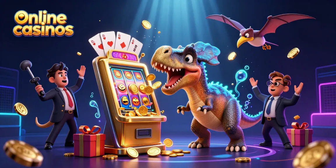 Online casinos illustration featuring a dinosaur winning jackpot at a slot machine amidst flying coins.