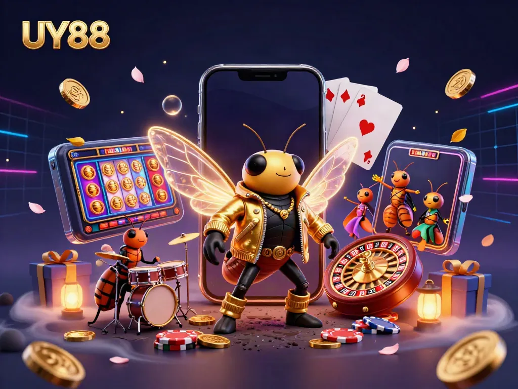 Experience the thrilling world of UY88 with vibrant casino action featuring a rock star and dynamic gaming elements.