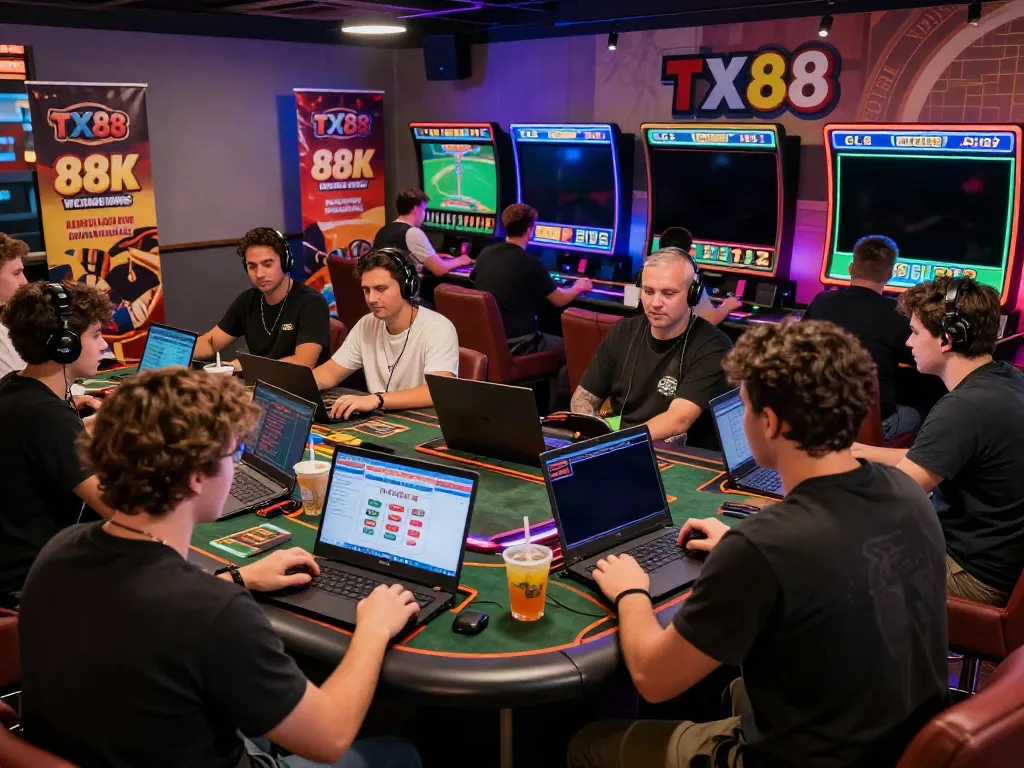 Exciting TX88 online gambling gaming lounge scene at https://tx88.br.com/ with players engaging in various betting games.