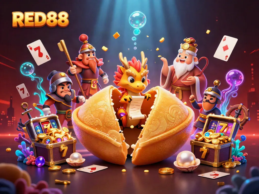 Experience the excitement of RED88 with dynamic casino adventures featuring golden fortune cookies and gameplay elements.