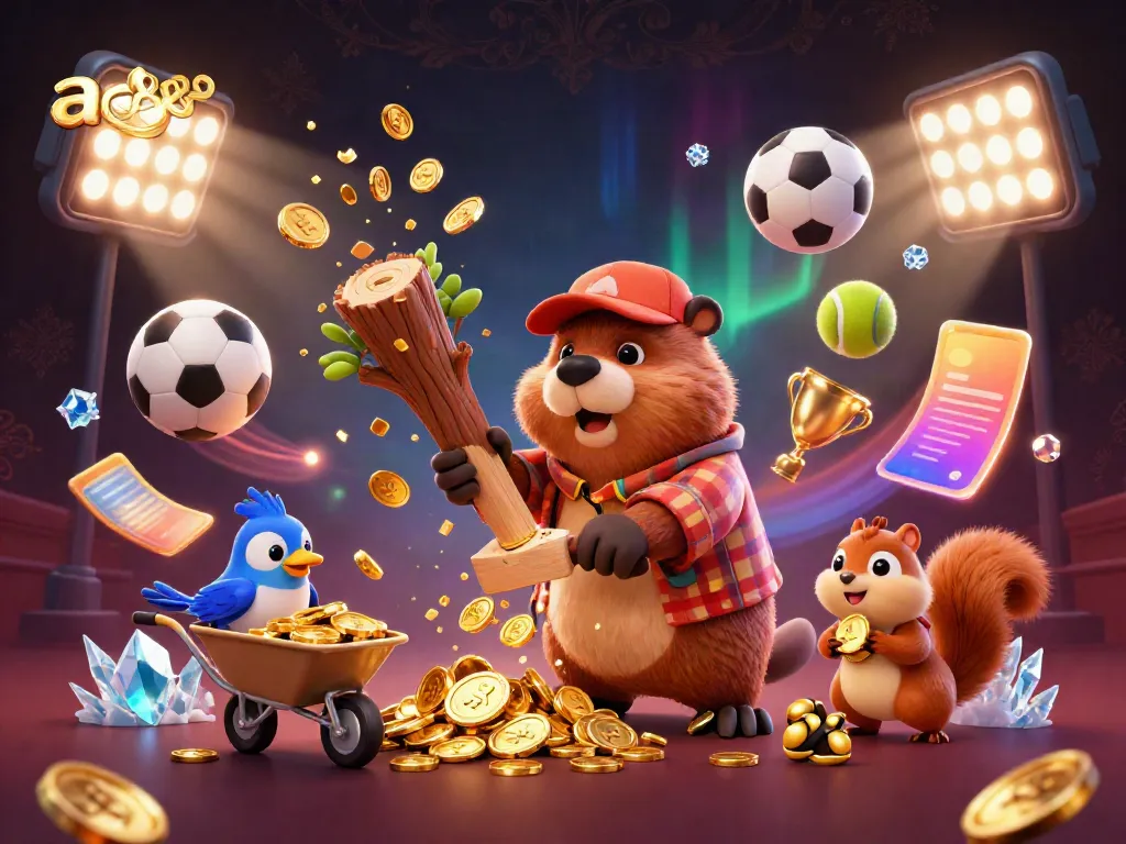 Engage in thrilling casino action with ae888 as a whimsical beaver collects golden coins amidst a dynamic sports betting scene.