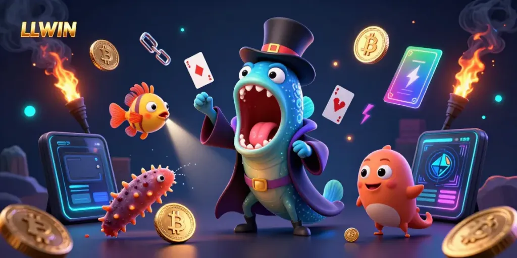 Experience thrilling gaming at LLWIN with a dynamic scene featuring a deep-sea casino act by bioluminescent characters.