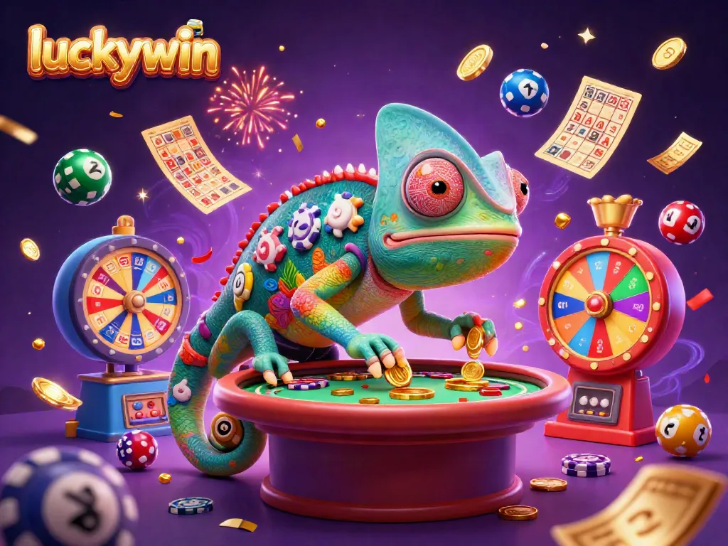 Experience winning moments with Luckywin, where colorful lottery balls and golden tickets create excitement.