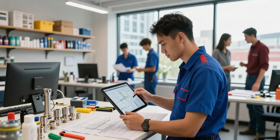 Local plumbing experts collaborating in a bright London office, analyzing blueprints and tools.