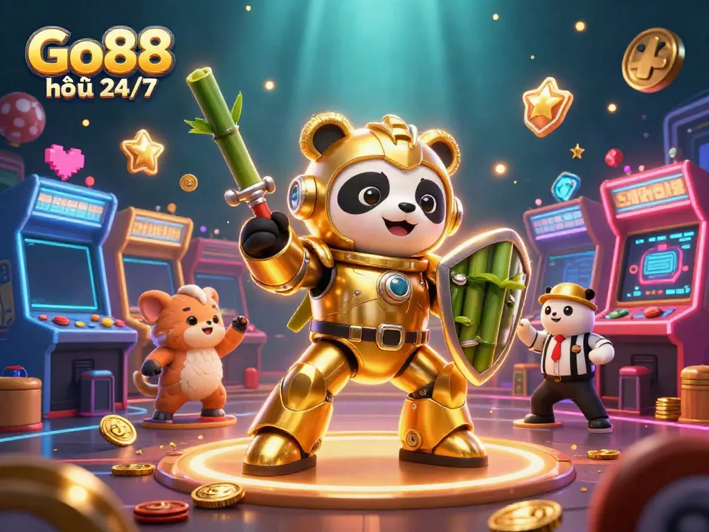 Engage in gaming adventures with Go88 hỗ trợ 24/7 at a bustling casino setup, featuring exciting characters and vibrant machines.