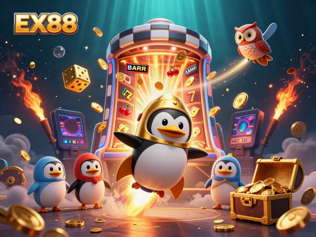 Experience the thrill of EX88 in a vibrant casino adventure with golden coins and slot machines.
