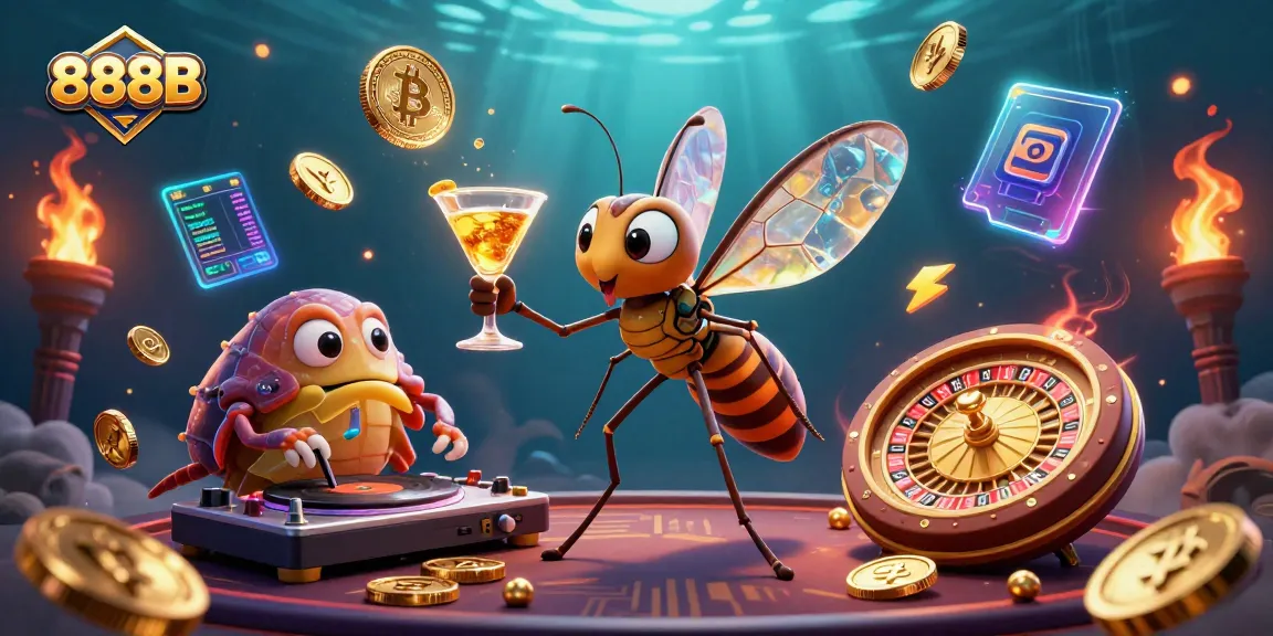 Play exciting games at 888B with dynamic 3D illustration showcasing casino elements and crypto.