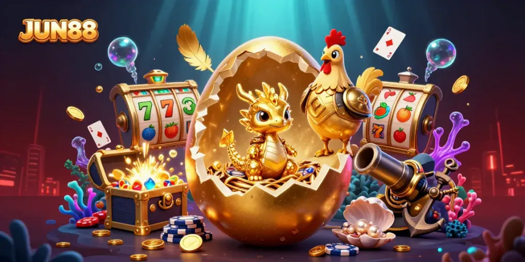 Experience JUN88's vibrant casino adventure with golden characters amid exciting gaming elements.