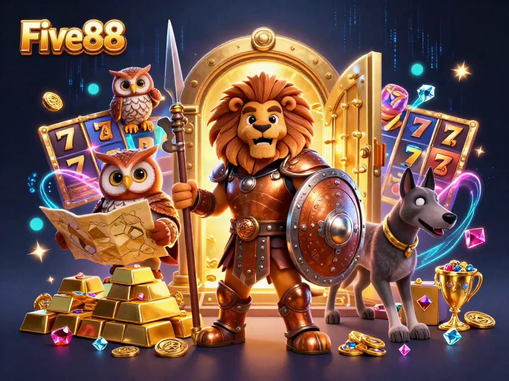 Engage in thrilling casino action at Five88 with iconic characters amidst dazzling treasures.