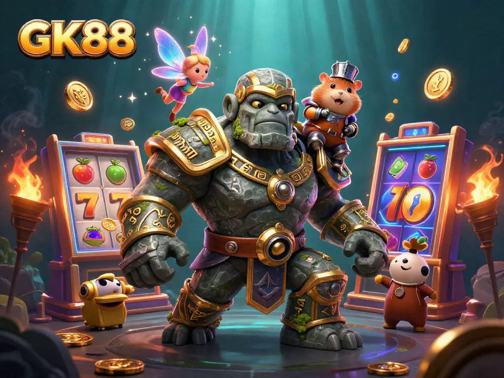Engage in thrilling GK88 casino action with dynamic characters and vibrant slot machines.
