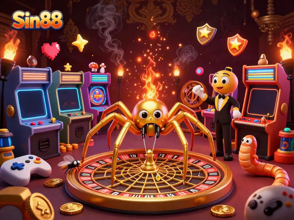 Sin88's thrilling gaming environment with a golden spider and a roulette wheel, featuring colorful game elements.
